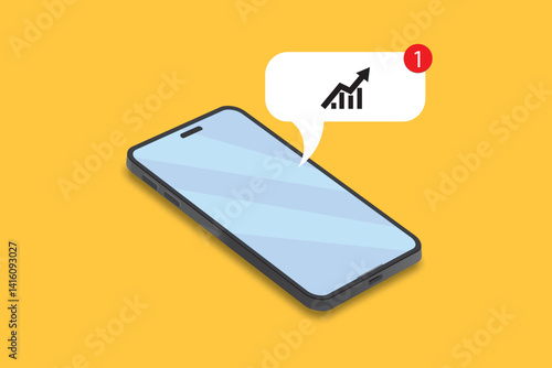 Isometric smartphone with notification icon graphic upgrade on orange background
