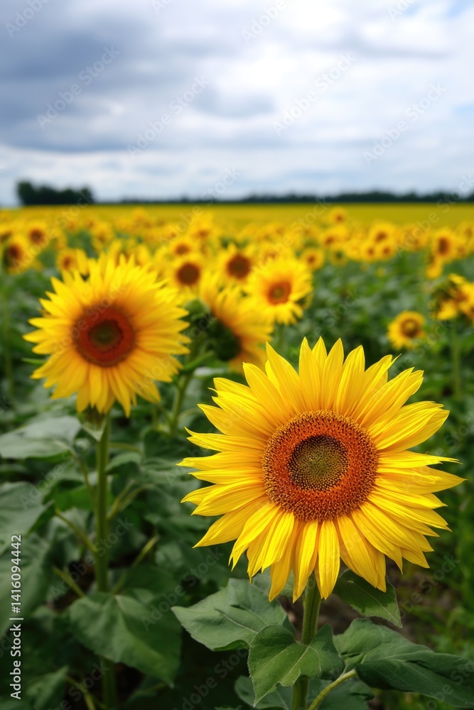 Bright yellow sunflowers flourish gracefully throughout the vast field. Bright yellow sunflowers flourish gracefully throughout the vast field.