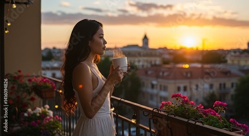 a beautful cheerful girl enjoy sunset view with a cup of coffee or tea on her hand from balcony 