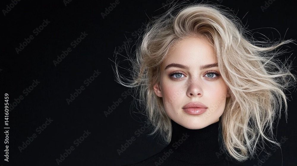 Fototapeta premium Elegant close up portrait of young woman with blonde windblown hair