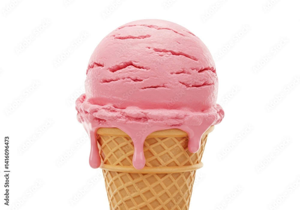 Delicious pink strawberry ice cream cone isolated closeup isolated on white background Delicious pink strawberry ice cream cone isolated closeup isolated on white background