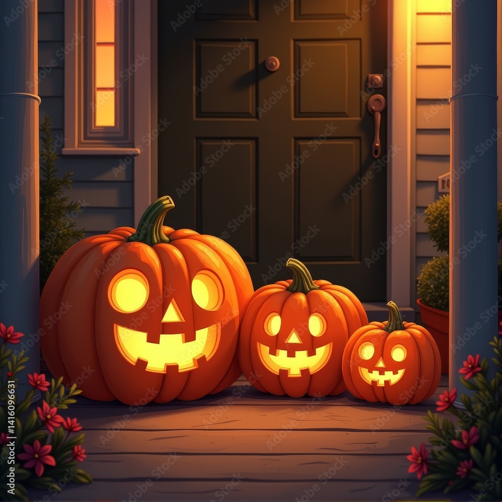Obraz premium A jack o lantern family sitting on a porch with warm glow as if chatting in cozy Halloween scene