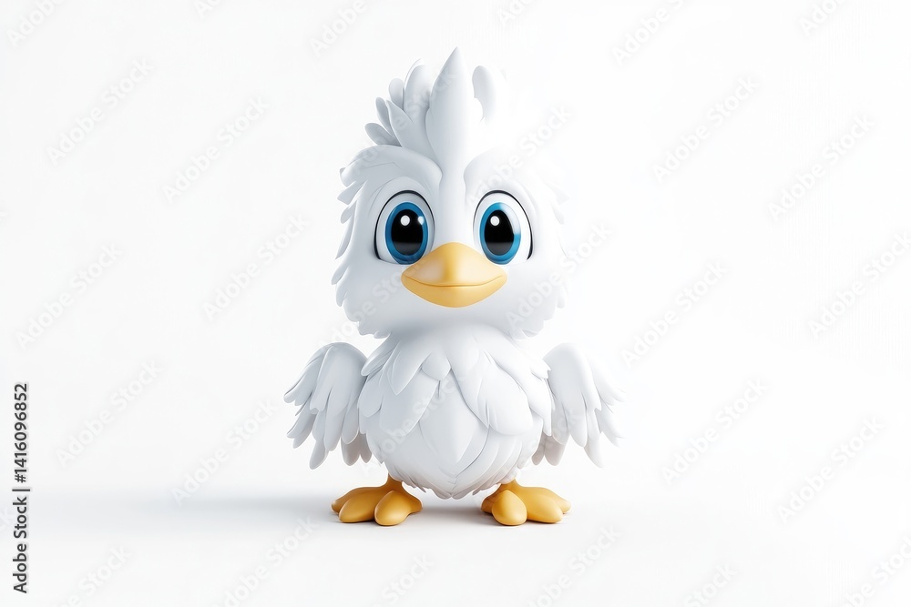 Fototapeta premium Cute cartoon chick, fluffy and cheerful. Small, white bird character, standing in front. 3D rendered, digitally created, and isolated on white background