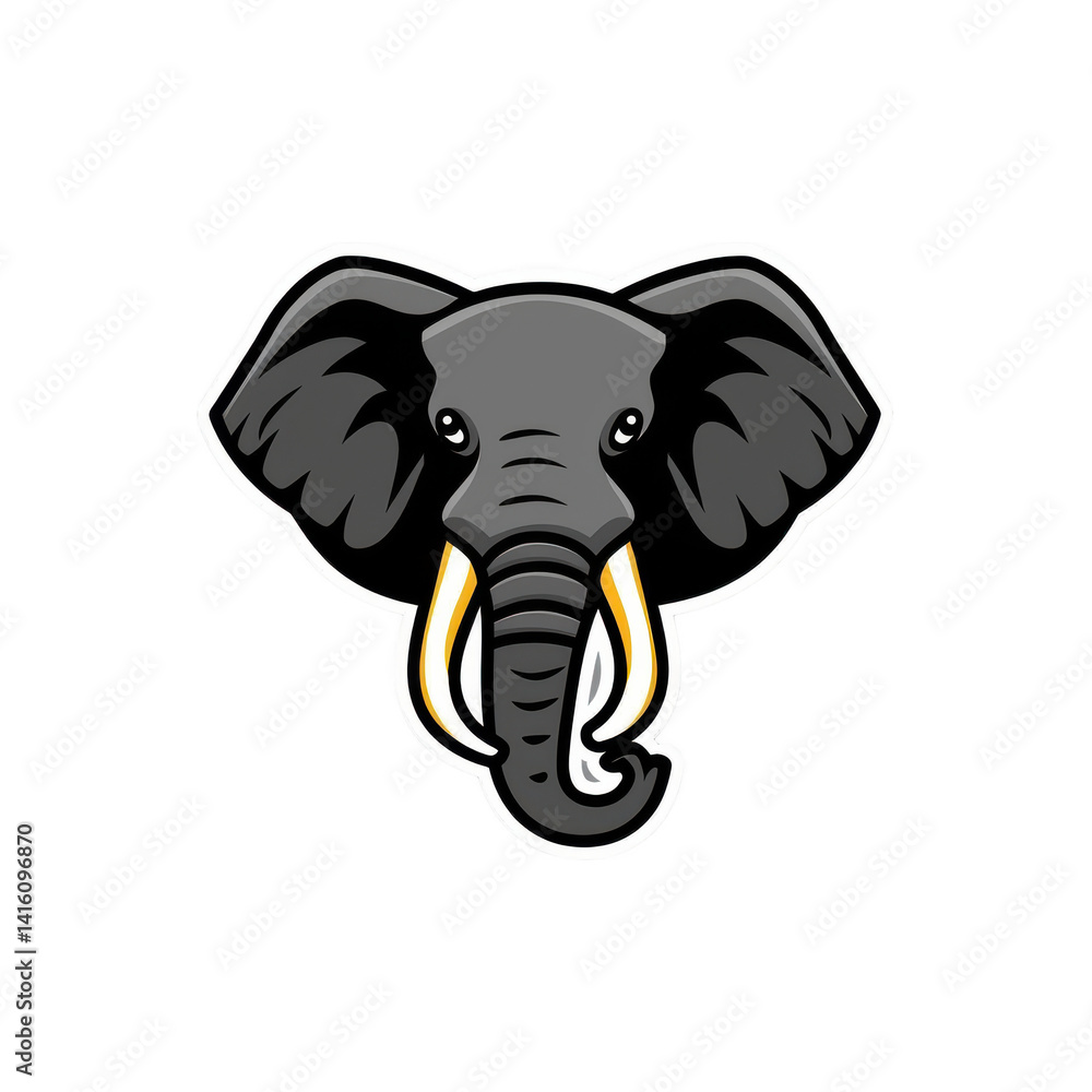 Fototapeta premium Cartoon elephant head with gray and yellow trunk on transparent background