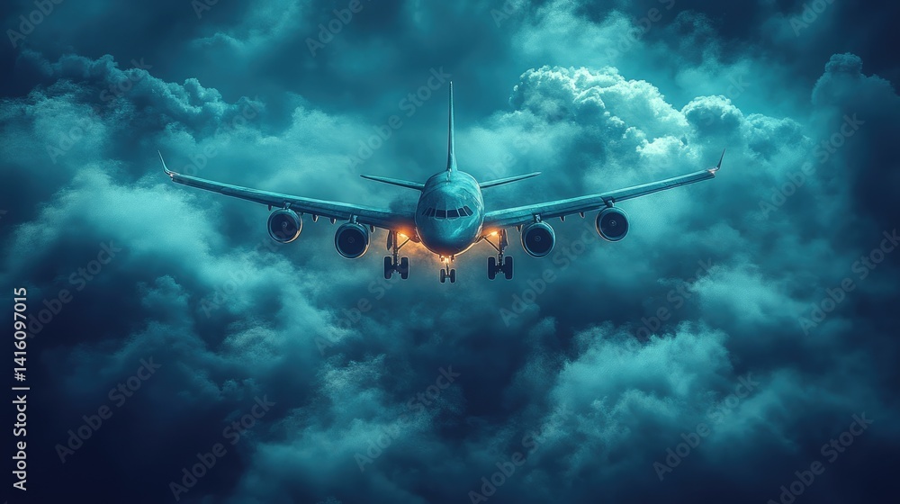 Naklejka premium Plane ascends through dark clouds. Lights piercing through moody blue backdrop
