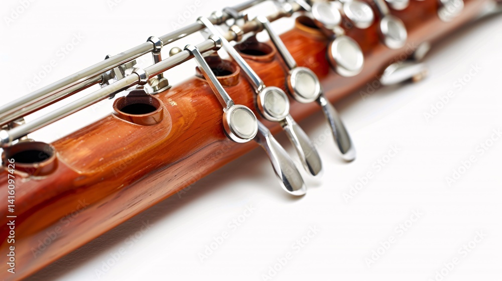 Obraz premium A detailed close-up of the wooden body and silver keywork of a Bb clarinet, against a white background.
