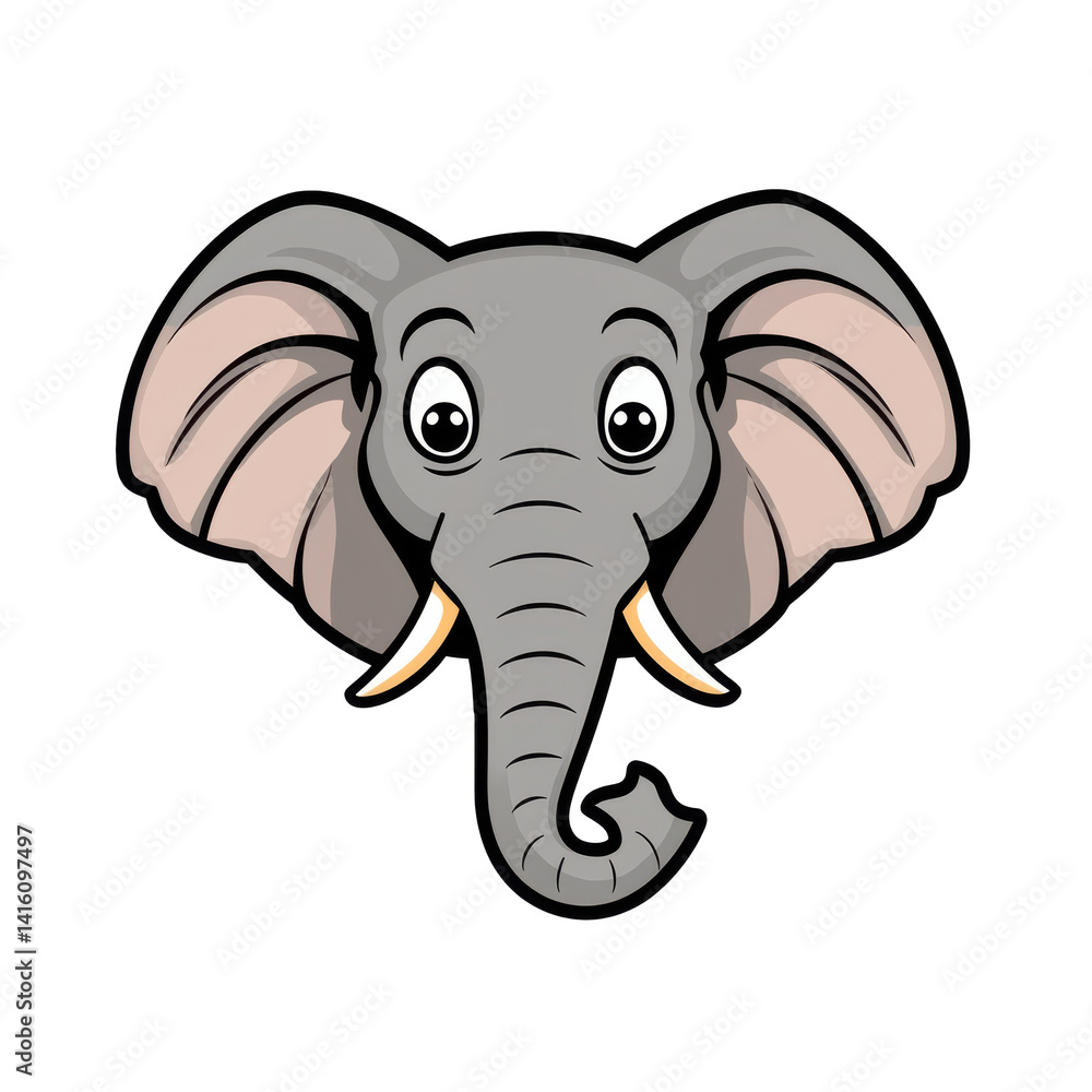 Naklejka premium Cartoon illustration of an elephant head with large rounded ears and a curled trunk, transparent background