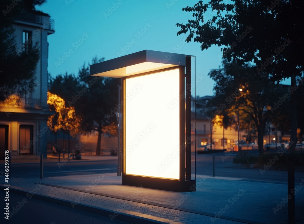 Illuminated Bus Stop Billboard: A Serene Nighttime Scene