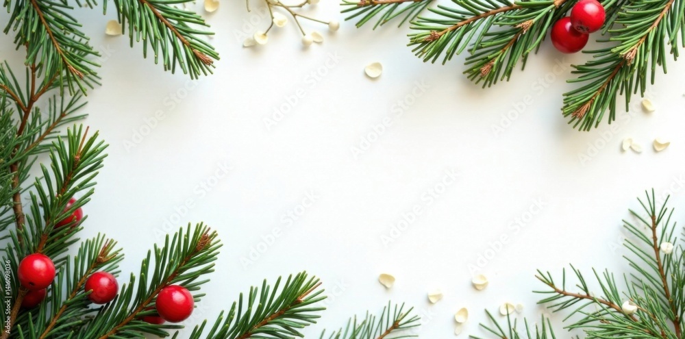 Evergreen branches with pine needles and red berries against a warm white background, natural wonder, Christmas tree branches background, serene landscape Evergreen branches with pine needles and red berries against a warm white background, natural wonder, Christmas tree branches background, serene landscape