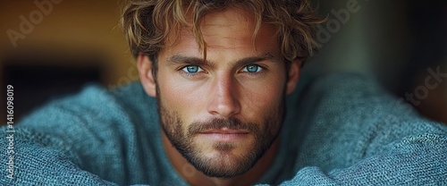 Portrait of a handsome man with striking blue eyes and curly blonde hair, wearing a grey sweater