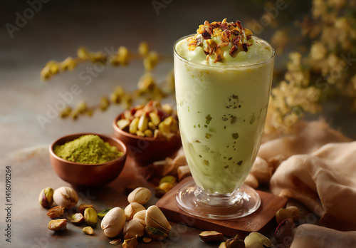 mithai salai bafana green tea and pistachio milkshake in a glass cup, food photography