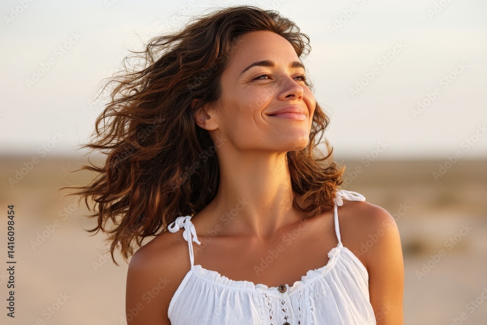 Smiling young woman in white sundress with curly hair enjoying summer breeze by the seaside looking up with calm expression and relaxed joy in outdoor lifestyle portrait stock photo