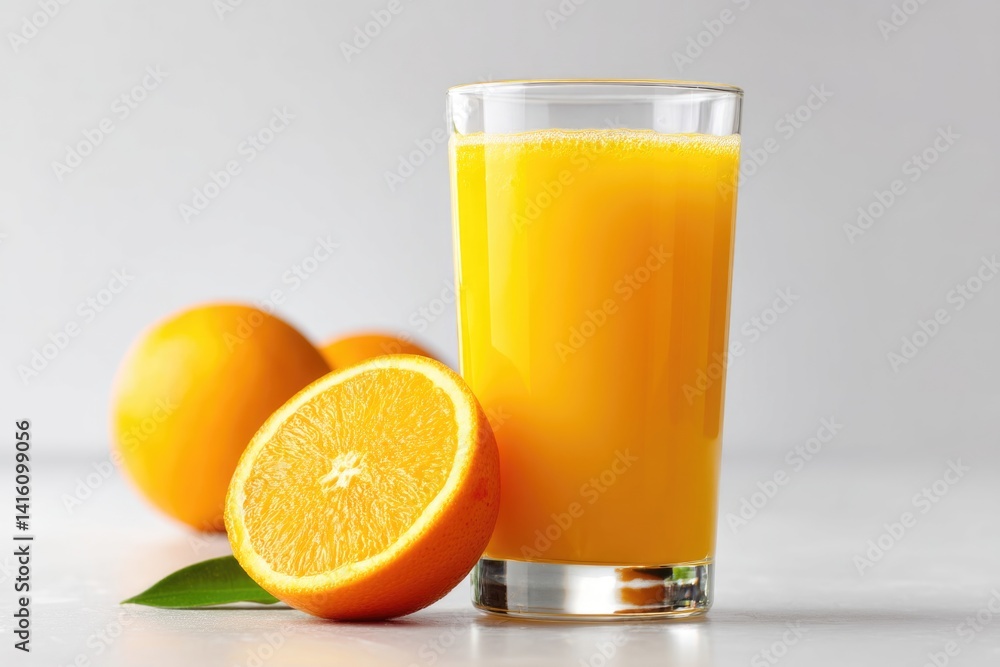 Freshly squeezed orange juice displayed against a clean white background. Freshly squeezed orange juice displayed against a clean white background.