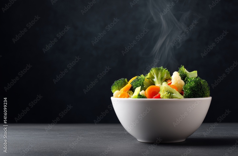 Steaming Bowl of Fresh Vegetables on Dark Background with Soft Smoke Rising