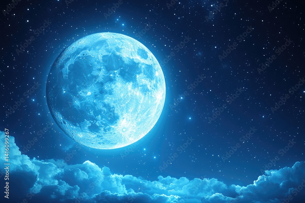 A serene, radiant moon illuminates a sky speckled with countless stars above soft, ethereal clouds A serene, radiant moon illuminates a sky speckled with countless stars above soft, ethereal clouds