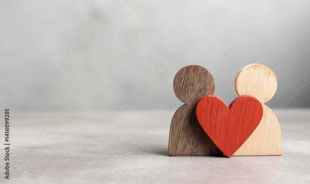 Wooden Couple Holding Heart Symbol on Grey Background for Love and Relationship Themes