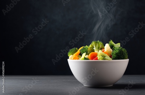 Obraz na płótnie Steaming Bowl of Fresh Vegetables on Dark Background with Soft Smoke Rising w salonie