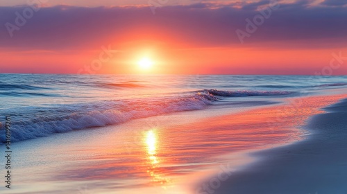 Sunset over tranquil ocean waves, reflecting vibrant colors on shore