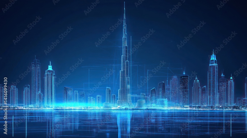 Digital Dubai Skyline Night Reflection Digital Dubai Skyline Night Reflection