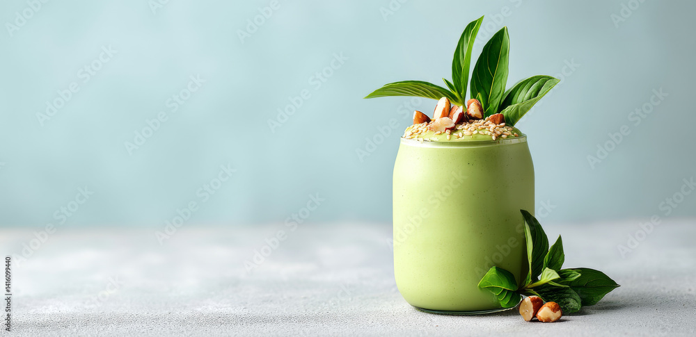 Refreshing Spinach Avocado Smoothie in a Jar with Mint and Almonds on a Light Background