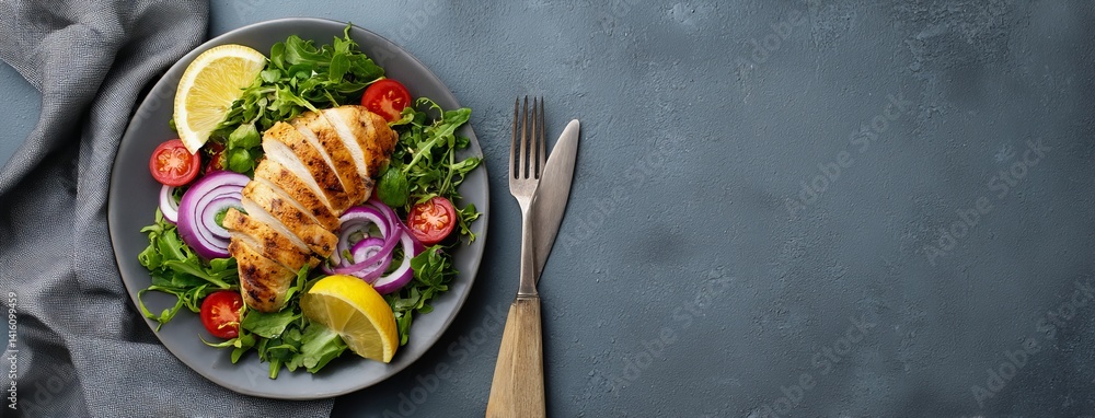 Fresh Chicken Salad with Colorful Vegetables Served on a Gray Plate from Top View