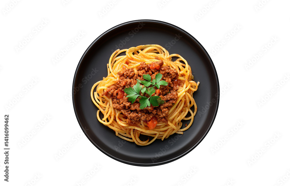 Spaghetti Bolognese with Fresh Herbs Served on a Black Plate for Gourmet Presentation