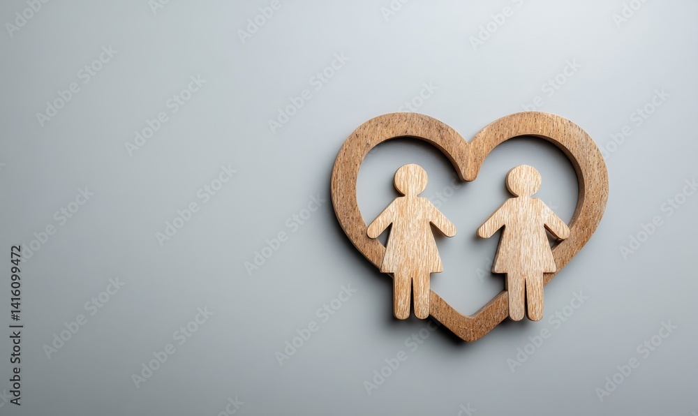 Wooden Heart Symbol with Couple Figurines on Grey Background for Love and Relationship Concept