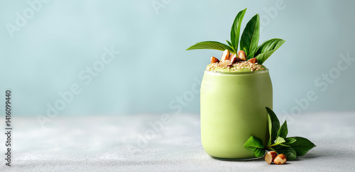 Obraz na płótnie Refreshing Spinach Avocado Smoothie in a Jar with Mint and Almonds on a Light Background w salonie