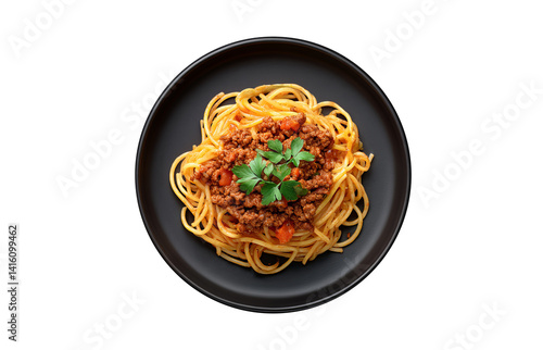 Obraz na płótnie Spaghetti Bolognese with Fresh Herbs Served on a Black Plate for Gourmet Presentation w salonie