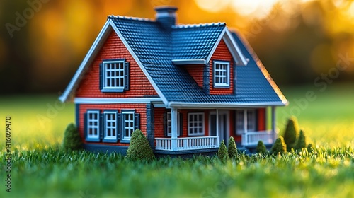 Wallpaper Mural Miniature red house with blue roof and green lawn at sunset Torontodigital.ca