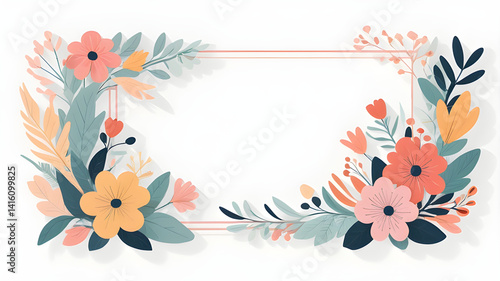 Wallpaper Mural Floral frame in modern flat vector style, featuring colorful flowers and leaves, clean lines, minimal shadows, pastel color palette, elegant and contemporary design on a white background Torontodigital.ca