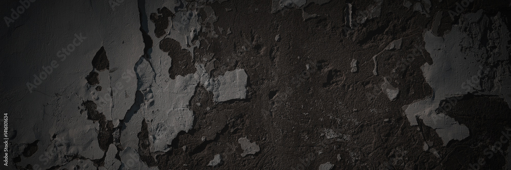 Texture of the old wall. Rough grungy surface of plastered concrete wall with spots, cracks, noise and grain. Dark wide panoramic background for design. Shaded vintage texture with vignette.