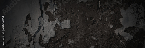 Obraz na płótnie Texture of the old wall. Rough grungy surface of plastered concrete wall with spots, cracks, noise and grain. Dark wide panoramic background for design. Shaded vintage texture with vignette. w salonie