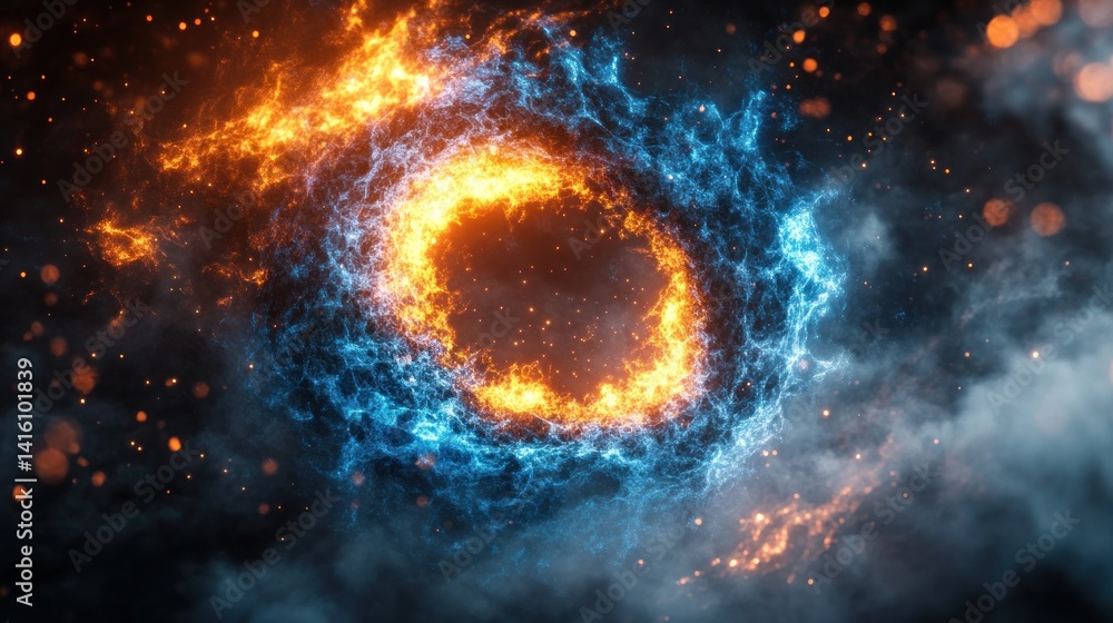 Fiery ice ring cosmic swirl, dark space background, energy design Fiery ice ring cosmic swirl, dark space background, energy design