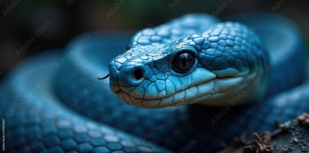 Blue viper snake's head features sharp fangs and textured skin, scale, closeup, blue viper Blue viper snake's head features sharp fangs and textured skin, scale, closeup, blue viper