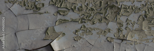 Obraz na płótnie Peeling paint on the wall. Panorama of a concrete wall with old cracked flaking paint. Weathered rough painted surface with patterns of cracks and peeling. Wide panoramic grunge texture for background w salonie