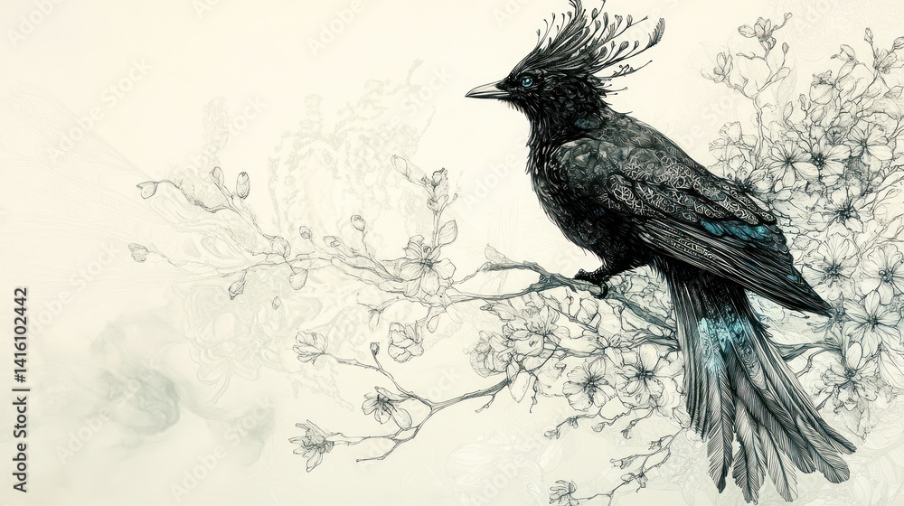 Fototapeta premium Majestic bird, floral branch, artistic sketch, design element