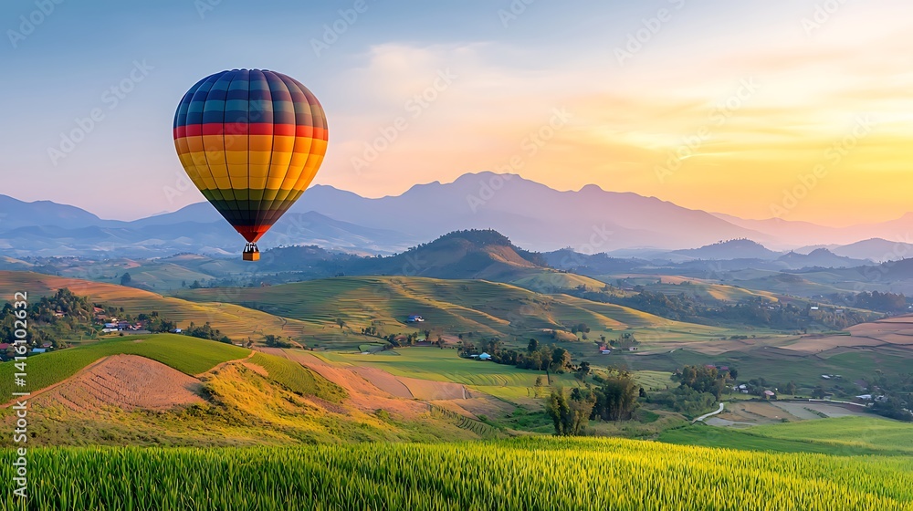 Fototapeta premium Colorful Hot Air Balloon Over Scenic Landscape at Sunset
