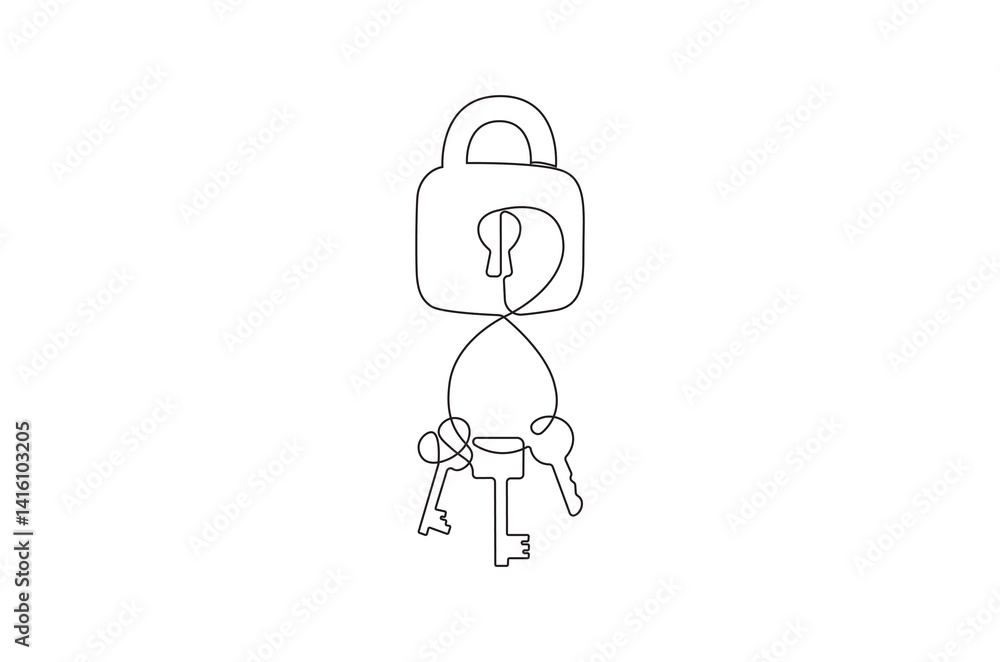 Continuous one line drawing of padlock with key. Single line drawing illustration Key and padlock . Security concept vector art. Doodle line illustration. Continuous one line drawing of padlock with key. Single line drawing illustration Key and padlock . Security concept vector art. Doodle line illustration.