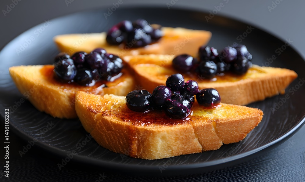 toast bread with blueberry on black plate, Generative AI toast bread with blueberry on black plate, Generative AI