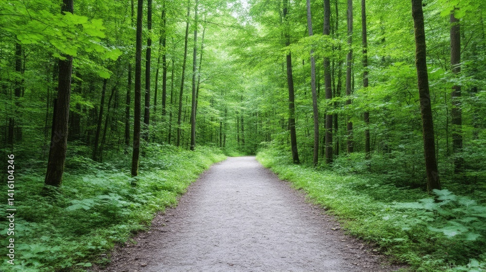 Fototapeta premium Lush forest path. A serene trail winds through a dense, verdant forest. Sunlight filters gently through the canopy. Nature's peaceful beauty
