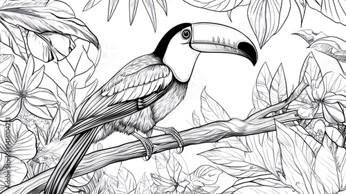 Fototapeta Naklejka Na Ścianę i Meble -  Toucan perched, jungle foliage, line art, coloring page