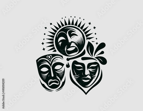 Tragedy and Comedy Masks: Two classic theatre masks representing the duality of human emotions—joy and sorrow. a profound emblem of the performing arts.