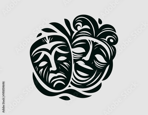 Tragedy and Comedy Masks: Two classic theatre masks representing the duality of human emotions—joy and sorrow. a profound emblem of the performing arts.