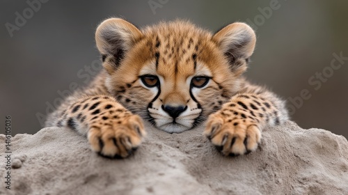 Adorable cheetah cub resting on a sand dune