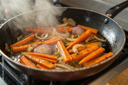 A pan of food is cooking on a stove, with a lot of onions and carrots