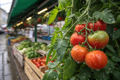 Moist bunches of red tomatoes hanging from the leaves at the market