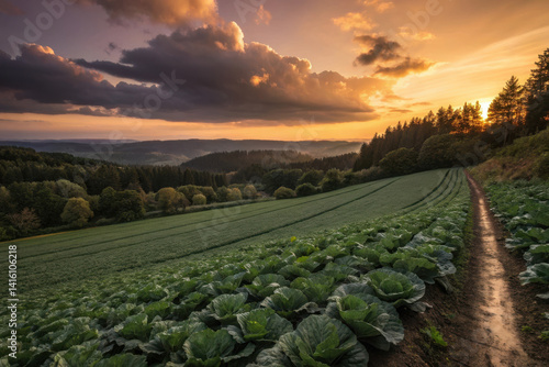 A field of green cabbage against an overcast sunset sky