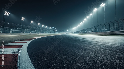 An empty F1 track illuminated by bright floodlights at night, showcasing the sleek asphalt and dramatic curves of the racing circuit in a tranquil atmosphere.