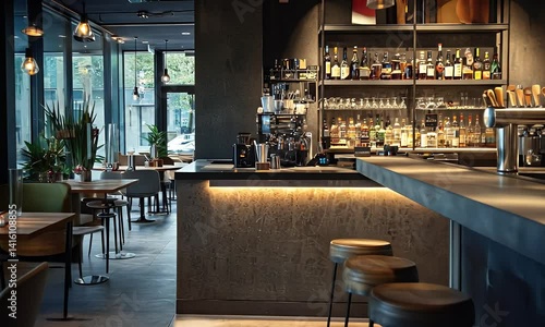 Cozy interior of an elegant bar with stools, shelves of liquor, & seating area, creating a warm and inviting ambiance